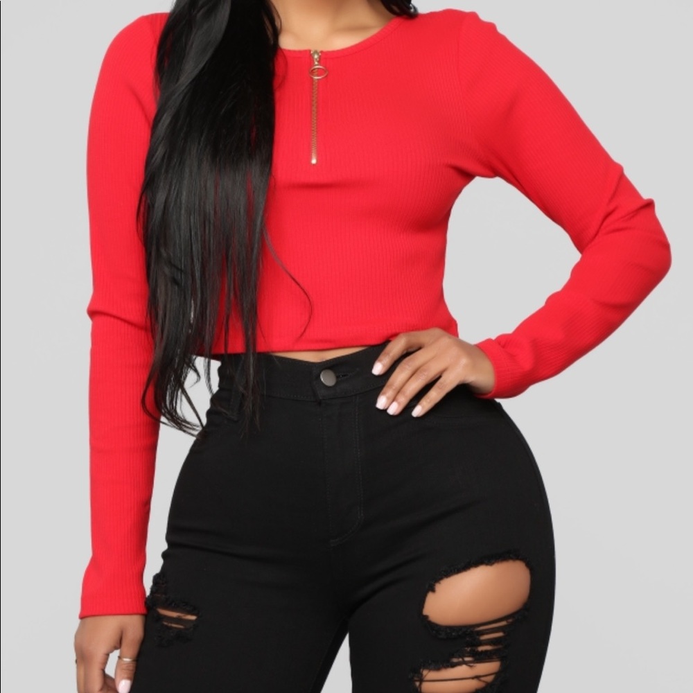 Red HALF ZIP CROP TOP